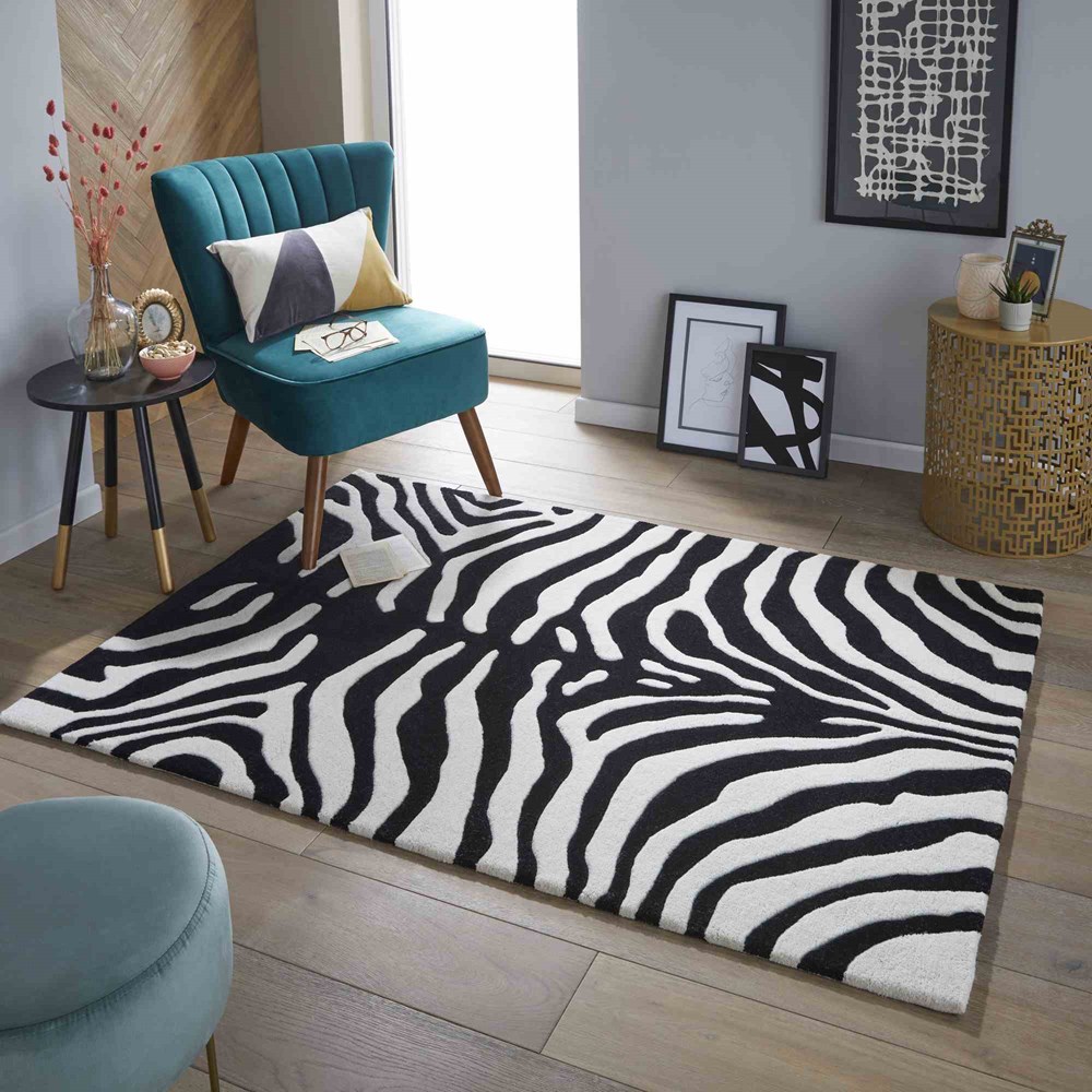 Masai Zebra Print Wool Rugs in Black and White